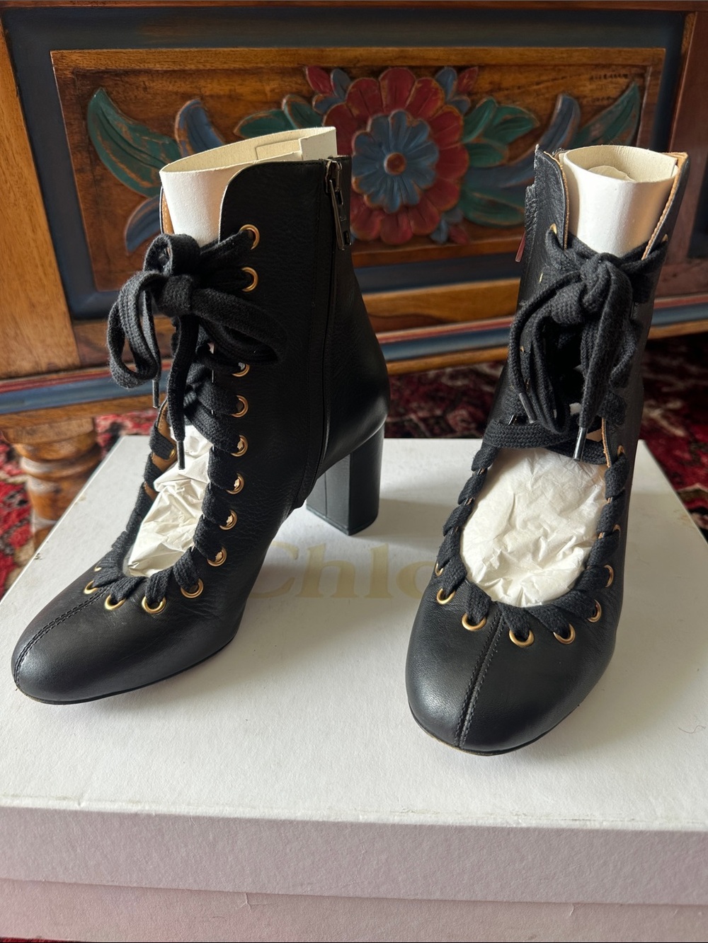 Chloe Black Leather Lace-Up Ankle Boots with Gold Eyelets